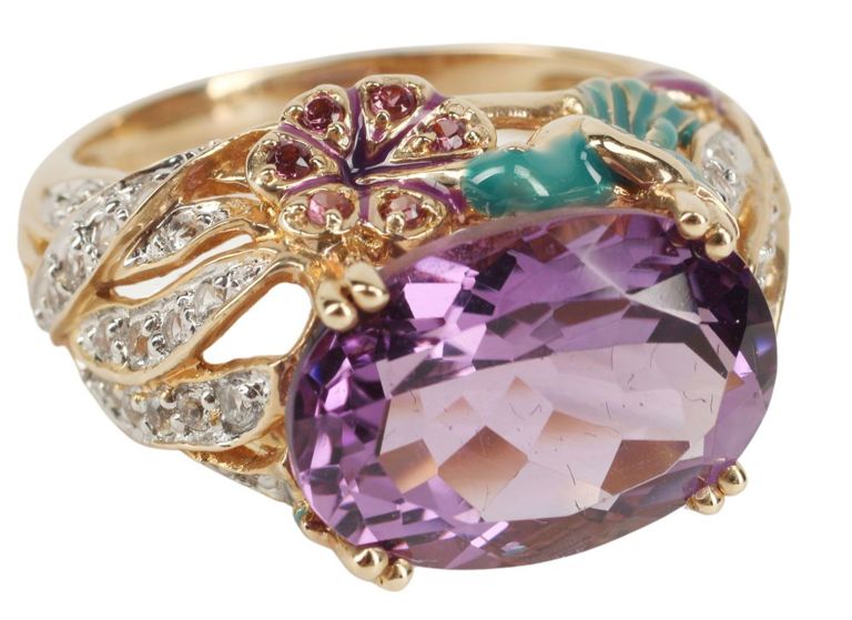 Estate 14kt Amethyst & Enamel Hummingbird Ring