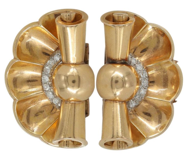 Retro 18k gold dress clips with diamonds