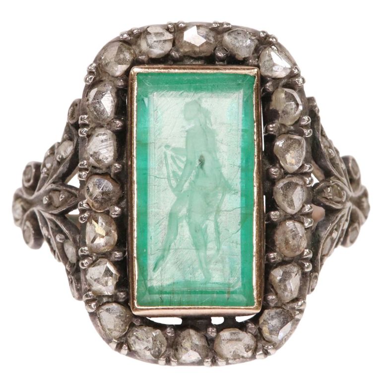 Estate Antique Emerald Intaglio Diamond Ring