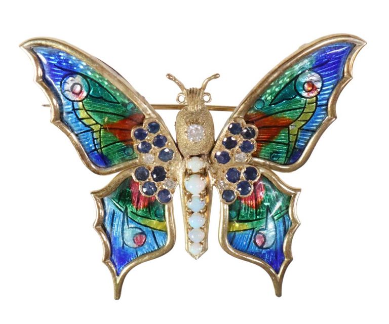 Estate 18kt Diamond, Sapphire & Opal Butterfly Pin