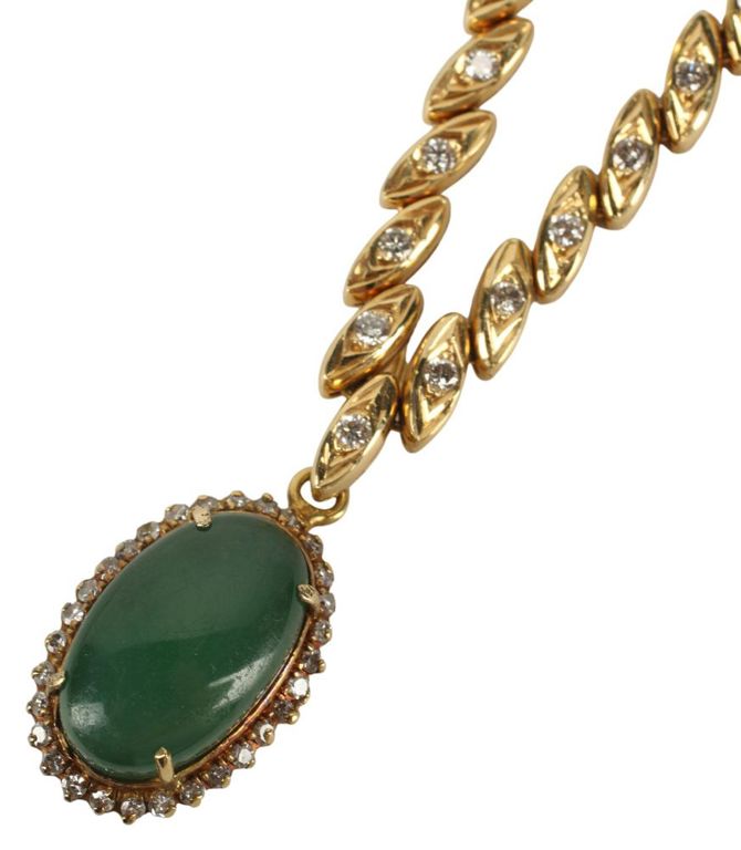 Estate 18kt Gold Diamond & Jade Pendant Necklace