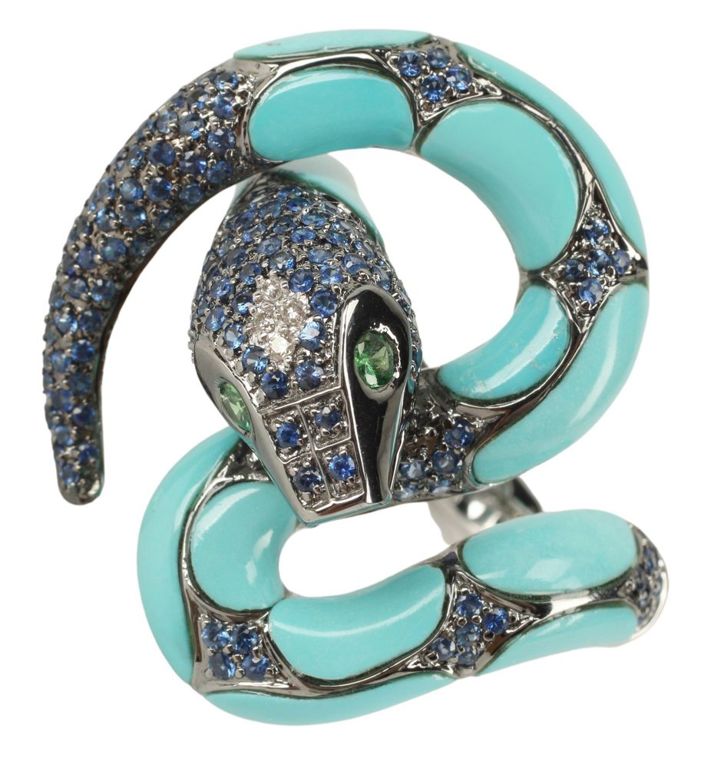 Estate 18kt Wg Sapphire, Turquoise Snake-form Ring