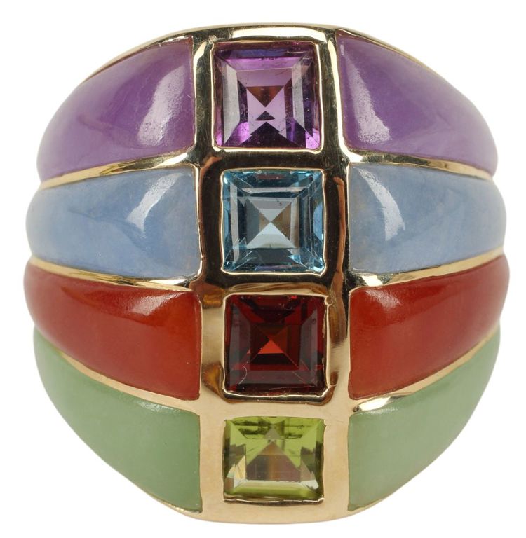 Estate 14kt Yellow Gold, Jade & Gemstone Ring