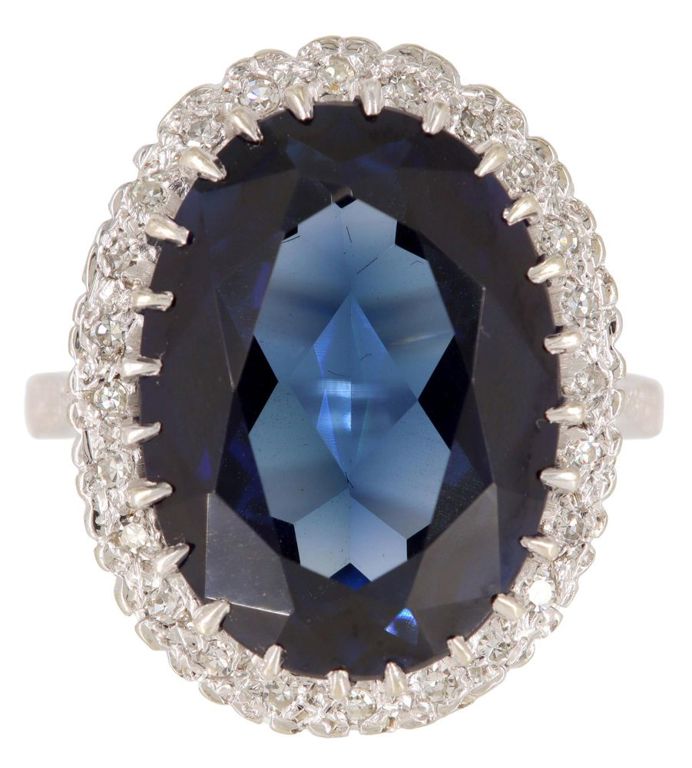 Estate 14kt White Gold Lab Sapphire & Diamond Ring