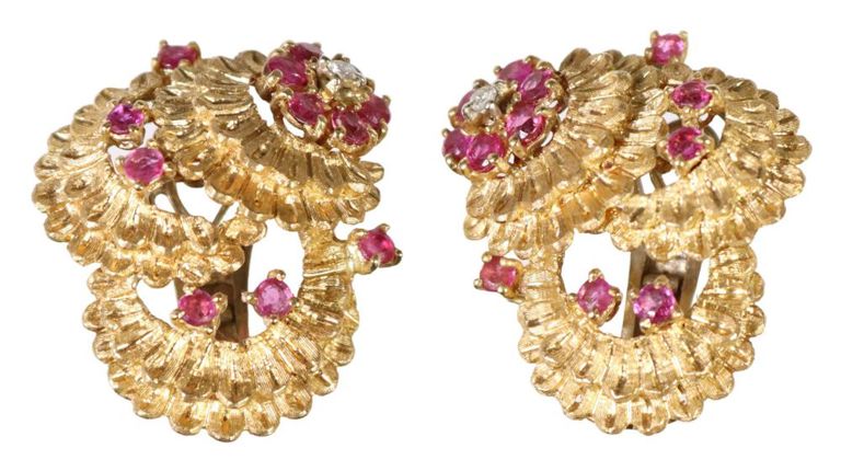 Estate Italian 18kt Gold, Ruby & Diamond Earrings