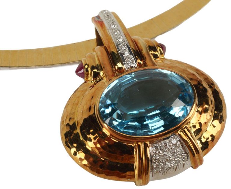 Estate 18kt Blue Topaz & Diamond Pendant Necklace