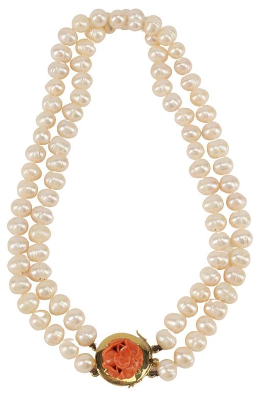 Estate Double Strand Pearl & 18kt Coral Necklace