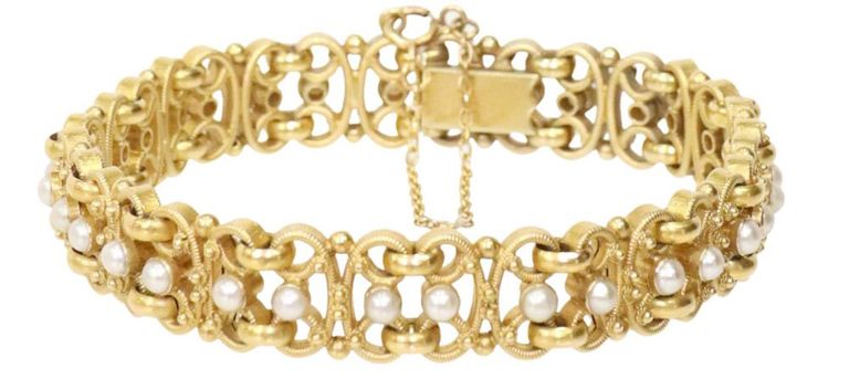 Estate French 18kt Gold & Pearl Link Bracelet