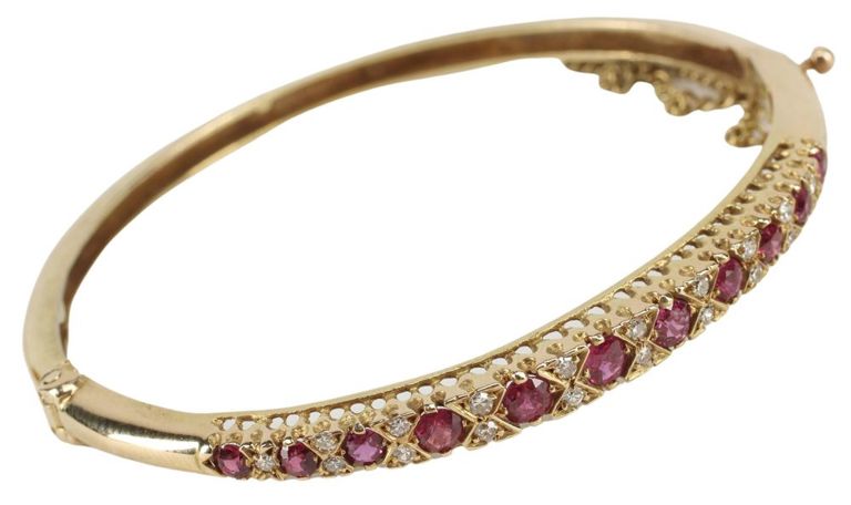 Estate 14kt Gold Diamond & Ruby Bangle Bracelet