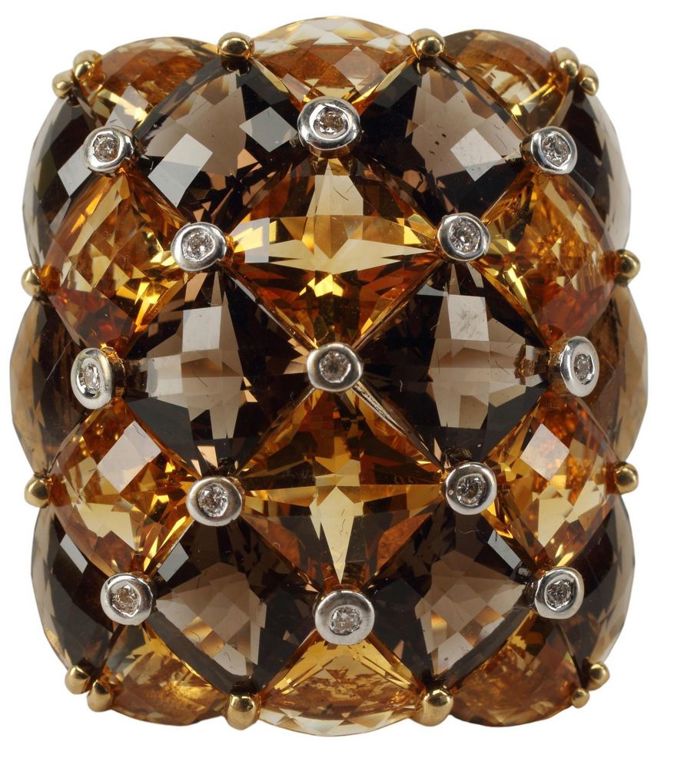 Estate 18kt Gold Citrine & Smoky Quartz Ring