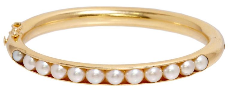 Estate 14kt Gold & Pearl Hollow Hinged Bangle