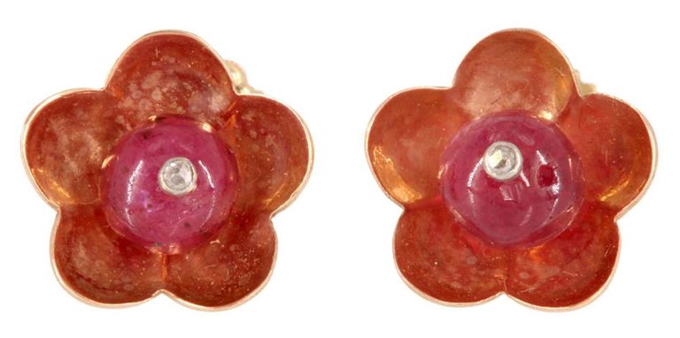 Estate Retro 14k Gold Ruby Diamond Flower Earrings