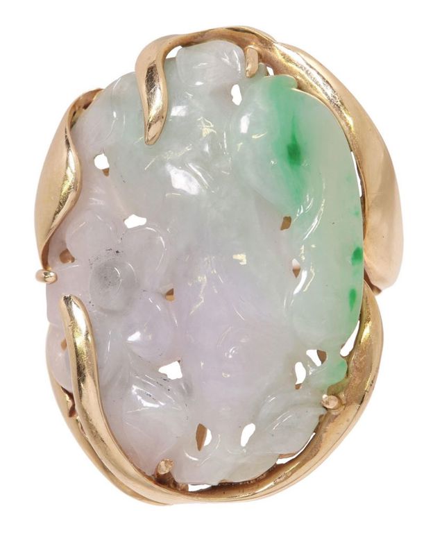 Estate 14kt Gold & Floral Carved Jade Plaque Ring