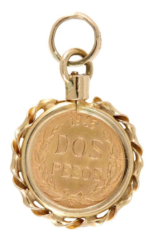 Estate 1945 Mexico Gold Coin Pendant 14kt Bezel