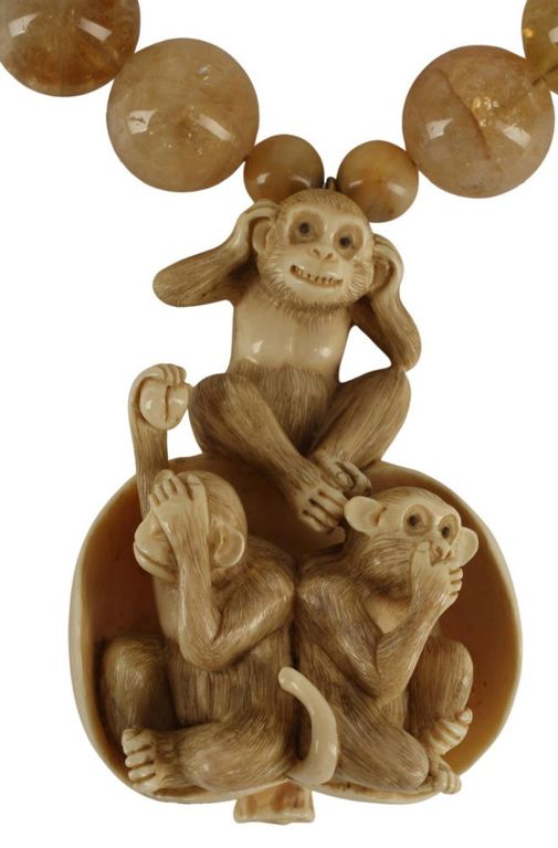 Japanese Carved Ivory Netsuke & Quartz Necklace