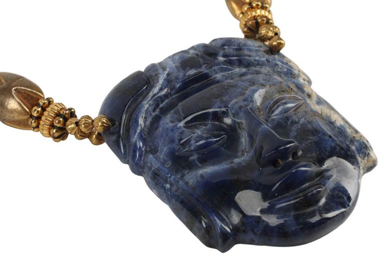 Estate Sodalite Mask Pendant & Metal Bead Necklace