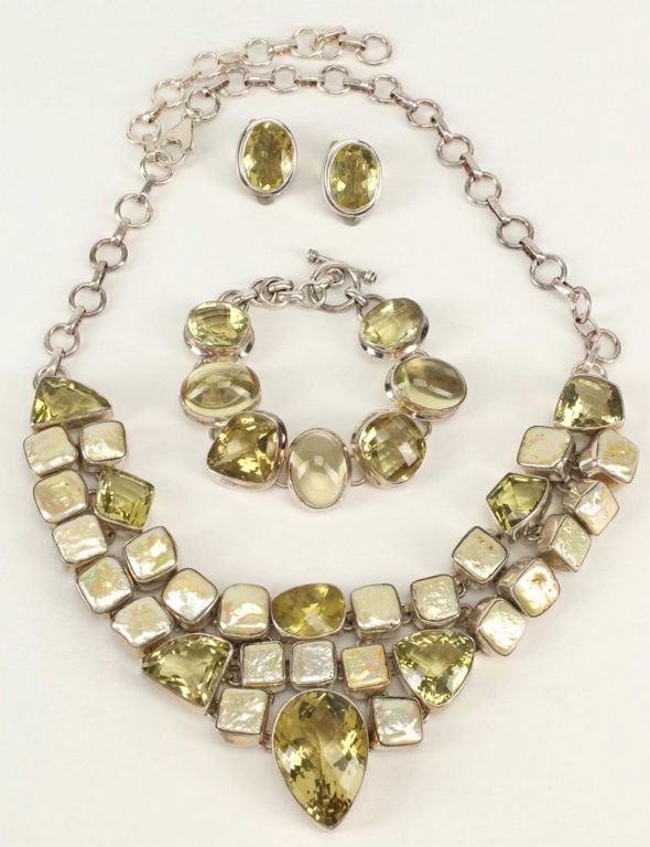 Estate Sterling Lime Quartz & Pearl Jewelry
