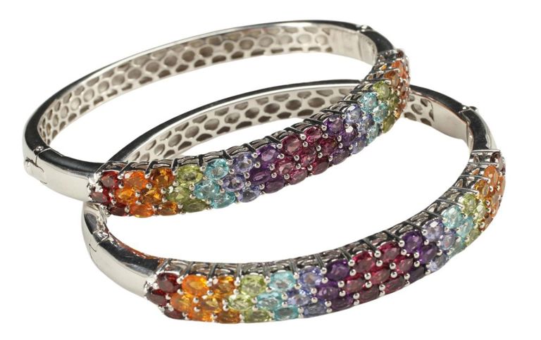 Estate Sterling Rainbow Gemstone Hinged Bangles