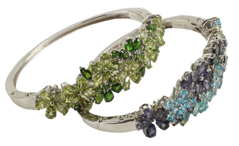 Estate Sterling Multi-gemstone Hinged Bangles