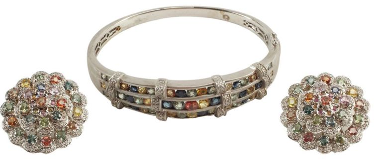 Estate Multicolor Sapphire Bangle, Earrings