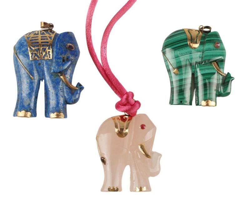 Estate 14k & Carved Gemstone Elephant Pendants