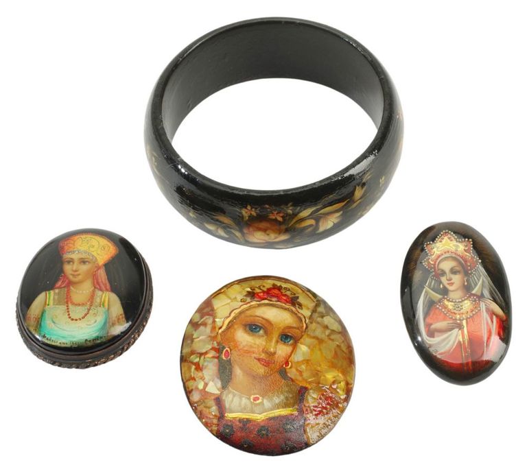 Russian Lacquered & Mop Inlaid Estate Jewelry
