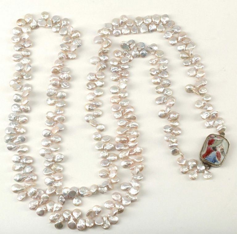 Estate Long Coin Pearl Necklace With 925 Clasp