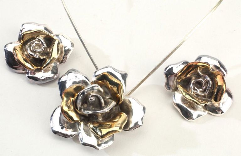 Estate Sterling Rose Necklace & Earrings