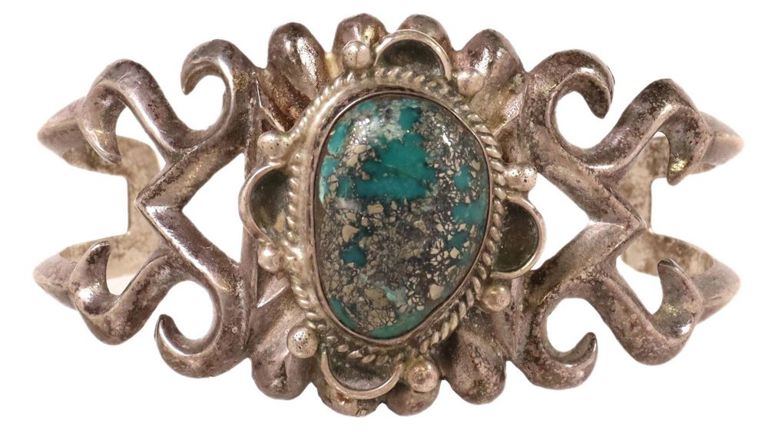 Native American Tufa Cast Silver & Turquoise Cuff