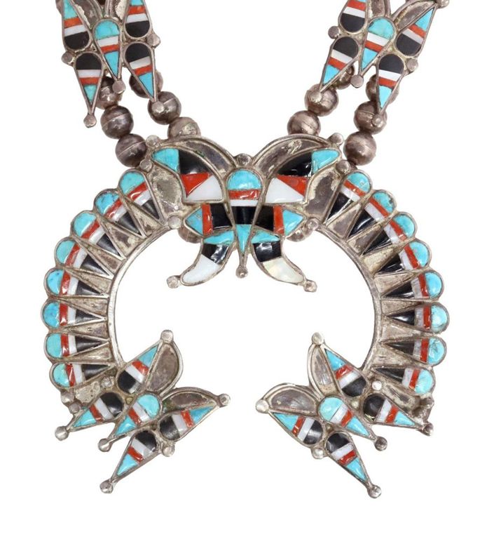 Native American Zuni Inlay Squash Blossom Necklace