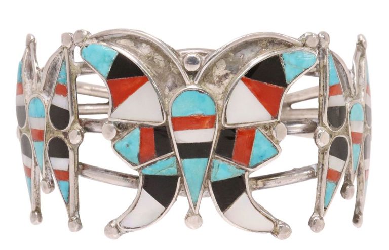 Native American Zuni Inlay Silver Butterfly Cuff