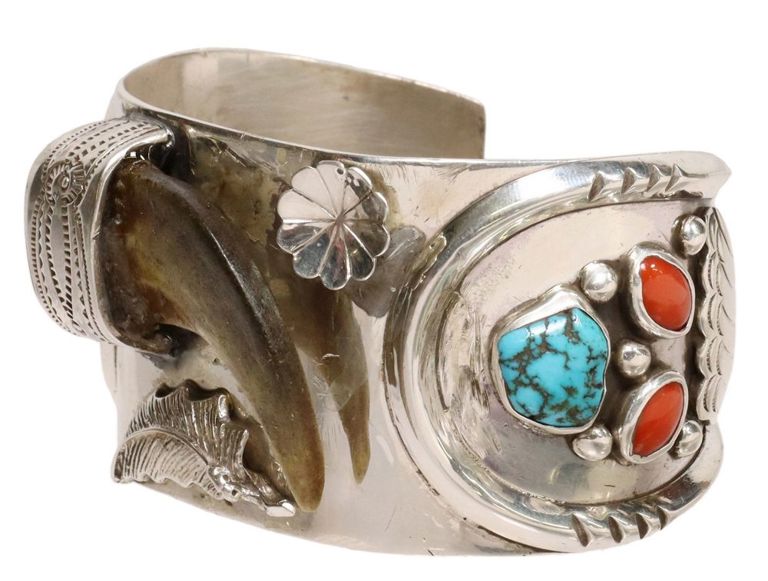 Native American Silver Turquoise & Coral Cuff