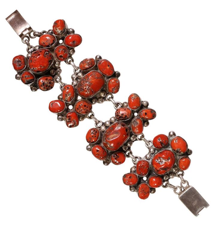 Estate Sterling Silver & Red Coral Bracelet