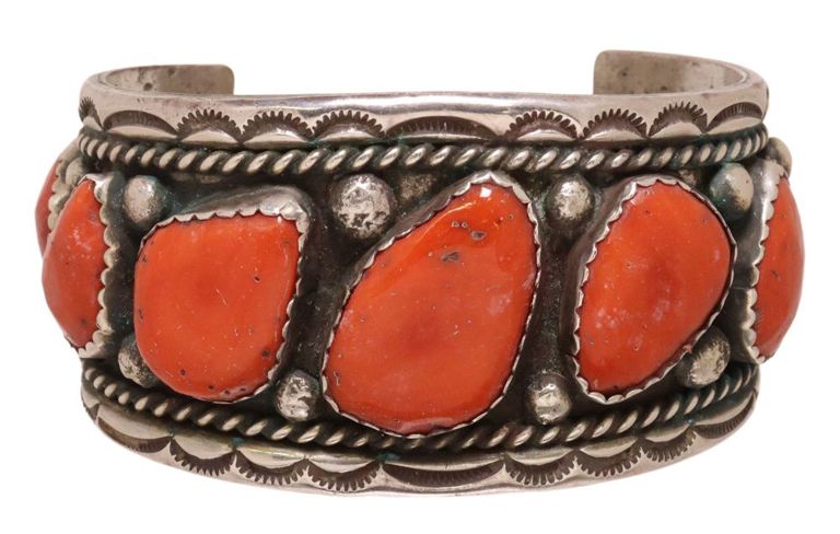 Navajo Sterling Silver & Red Coral Cuff Bracelet