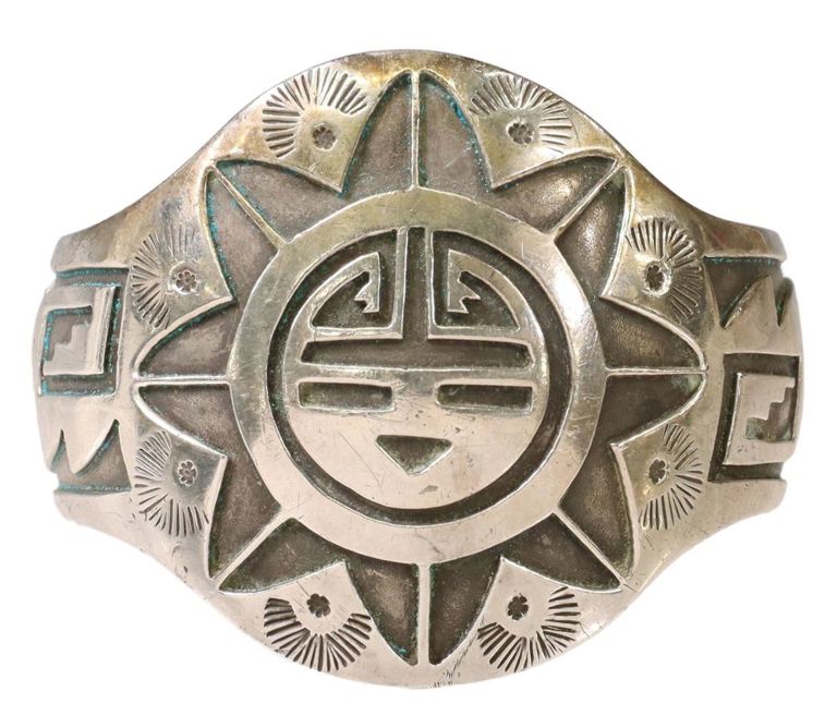 Native American Silver Overlay Hopi Sun Cuff