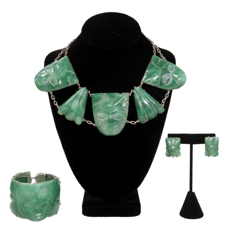 Mexico Green Hardstone Aztec Mask Jewelry Set