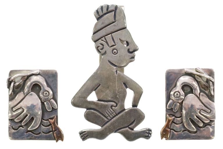 Emma Melendez Taxco Sterling Cufflinks & Clip