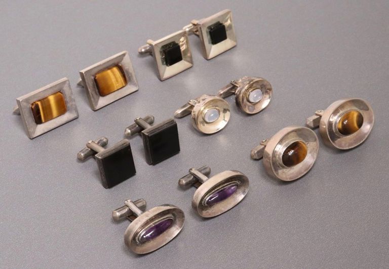 6pr) Antonio Pineda Taxco Silver & Stone Cufflinks