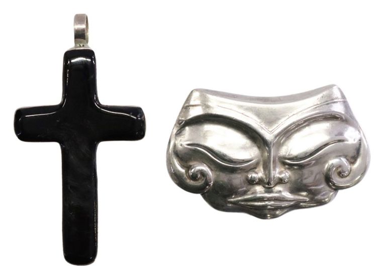 Los Castillo Mask Brooch & Onyx Cross Pendant