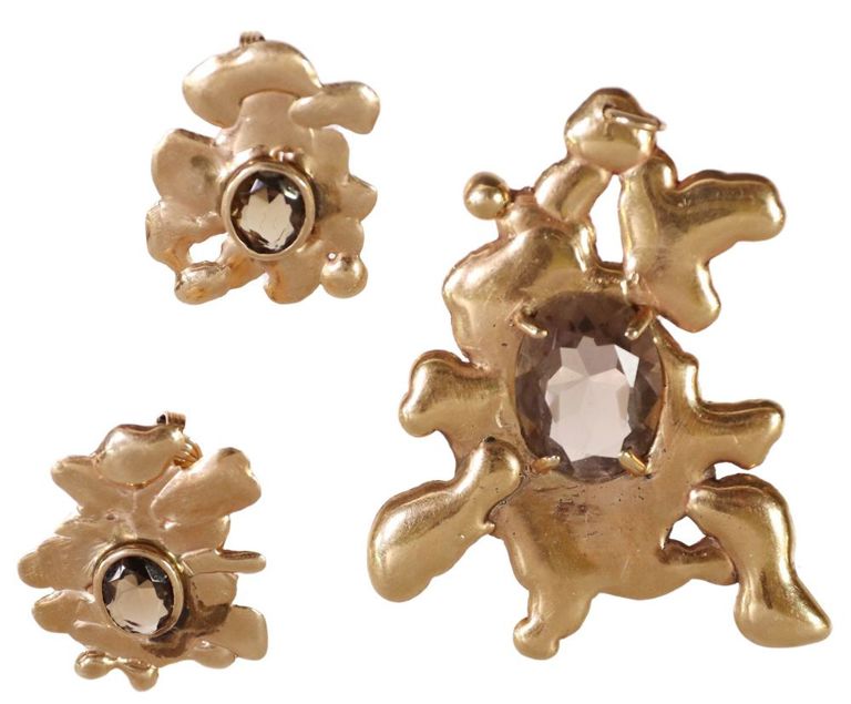 Estate Modernist 14kt Gold Pendant & Earrings