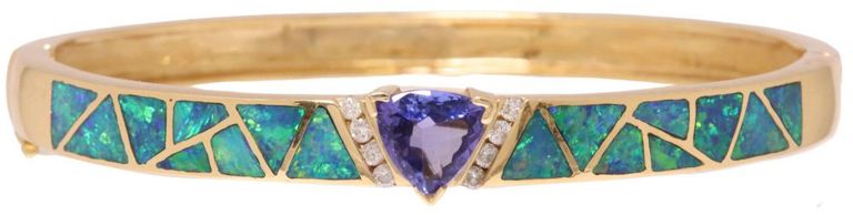 Estate 14k Tanzanite, Opal & Diamond Hinged Bangle