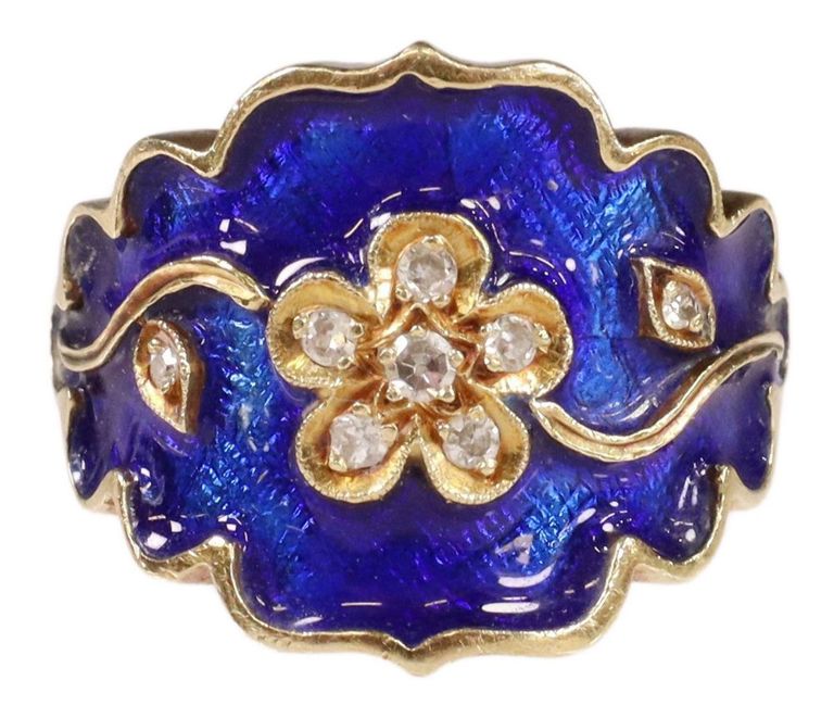 Estate 18kt Yellow Gold Diamond & Blue Enamel Ring