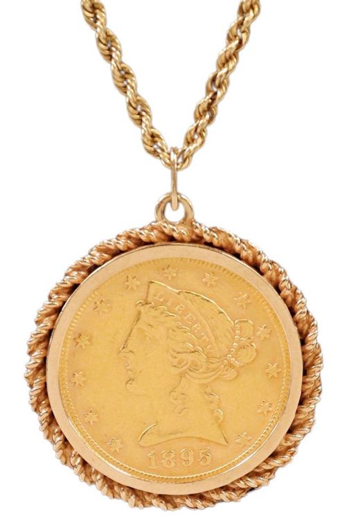 1895 American Gold Half Eagle $5 Coin 14kt Bezel