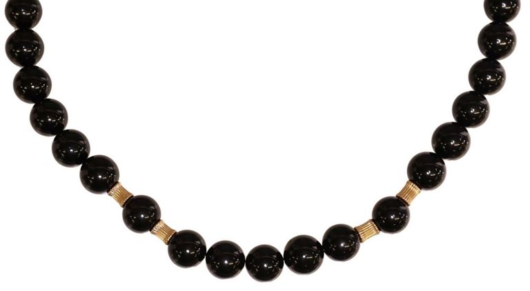Estate Black Onyx Beaded Necklace 14kt Clasp