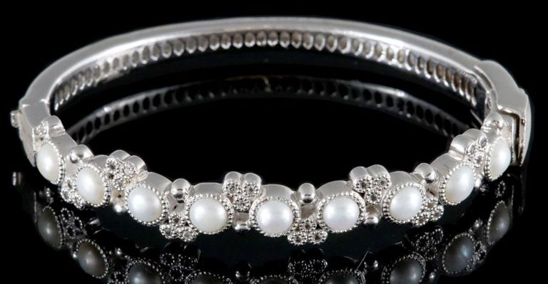 Estate Sterling Silver & Pearl Bangle Bracelet