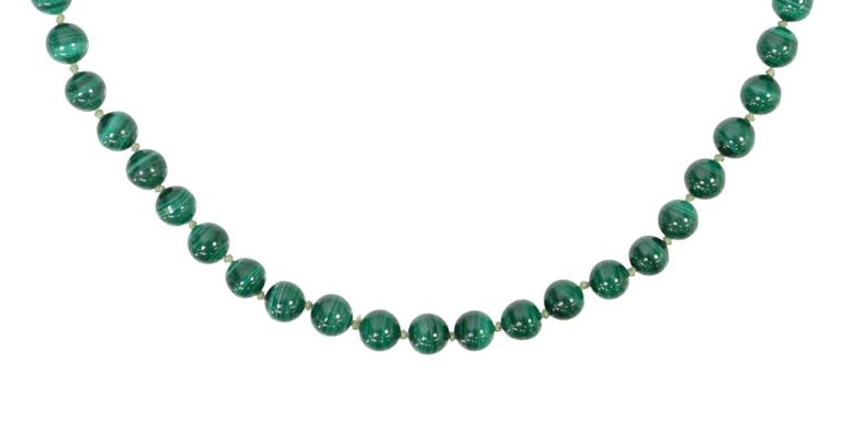 Estate Malachite Beaded Necklace 14kt Gold Clasp