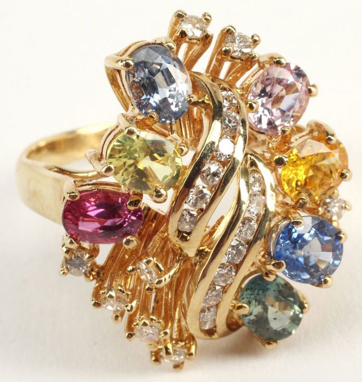 Estate 18k Gold Diamond & Multicolor Sapphire Ring