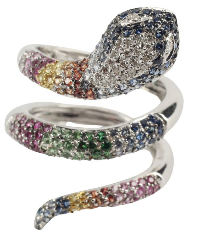 Estate 14kt Wg Diamond & Multi-sapphire Snake Ring