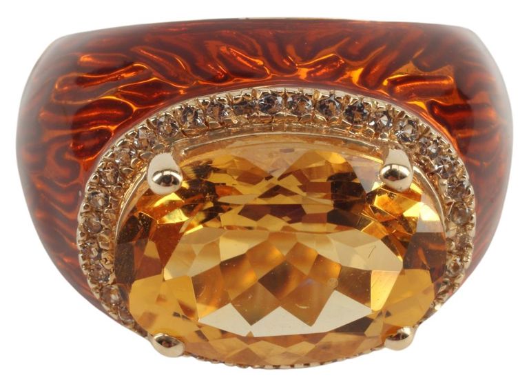 Estate Enameled 14kt Gold & Citrine Ring