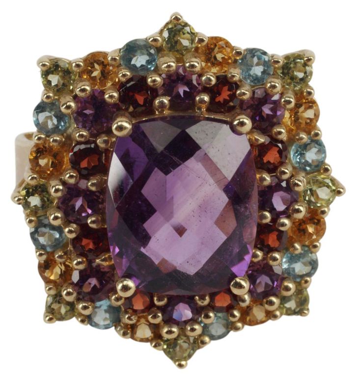 Estate 10kt Gold Amethyst & Multi-Gemstone Ring